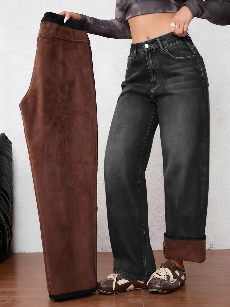 Women's Vintage Fleece-Lined Thickened Fall Winter Wide Leg Jeans