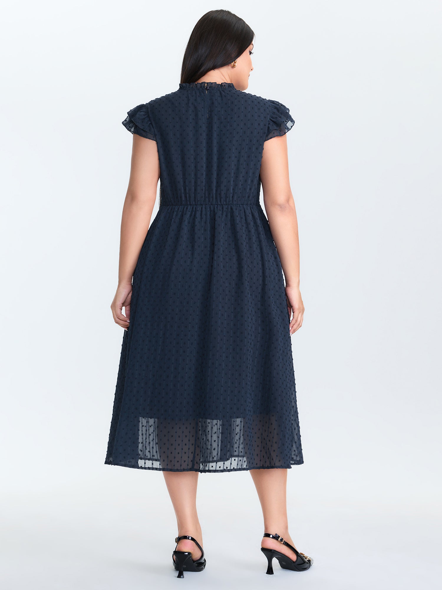 Textured Sheer Ruffled Mock Neckline Midi Dress