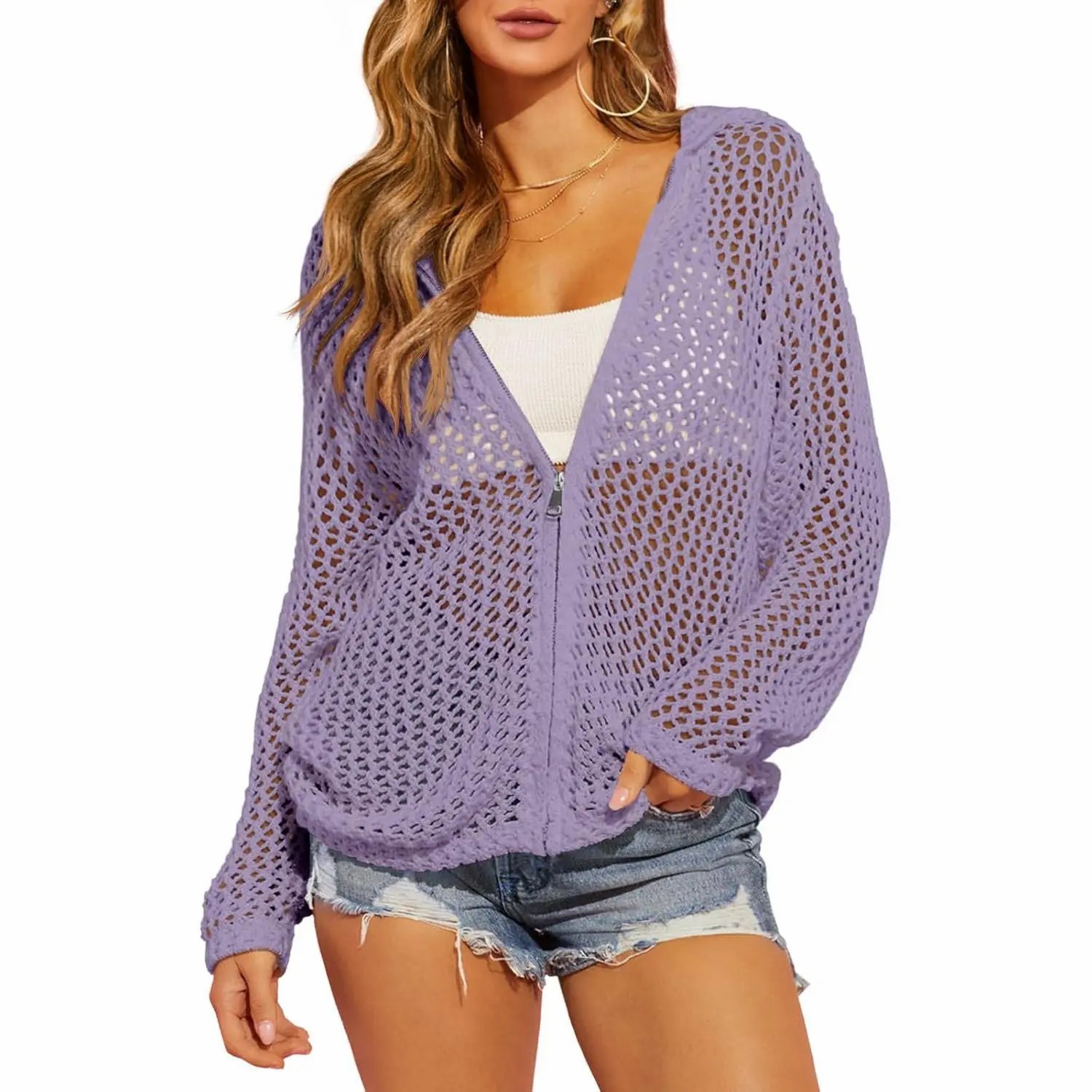 Women's Crochet Lightweight Cardigan – Zip Up Hooded Mesh Beach Cover Up