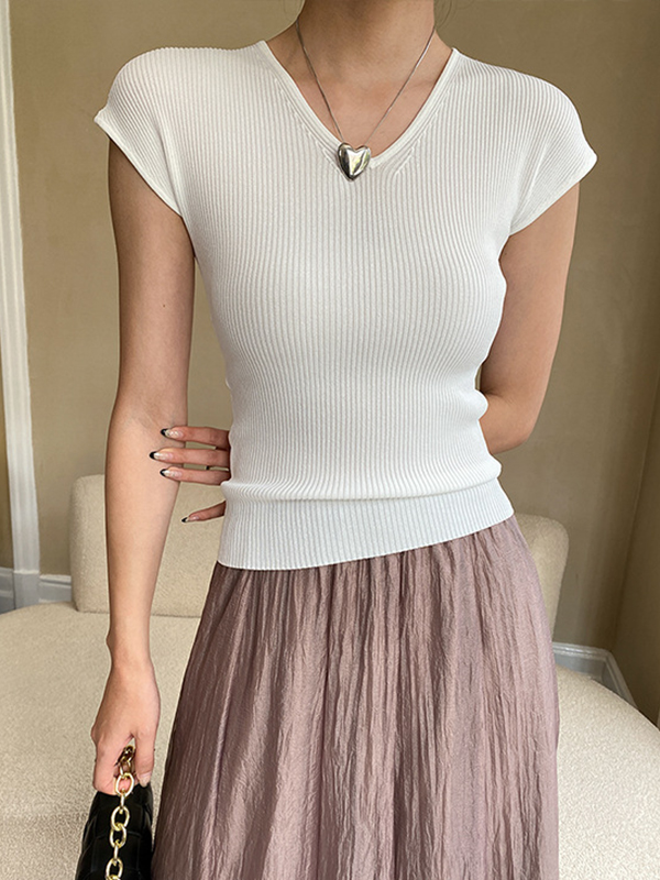 Solid Color Short Sleeves Skinny V-Neck T-Shirts