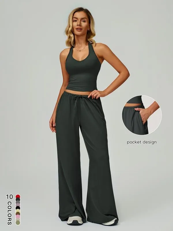 Women's Solid Crop Tank Top & Wide Leg Pants Set