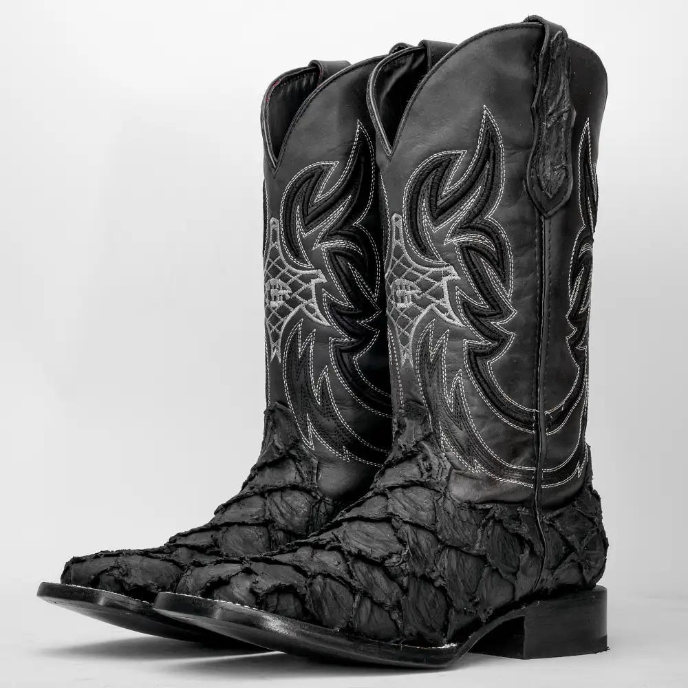 Matte Black Jumbo Pirarucu Leather Boots - Square Toe