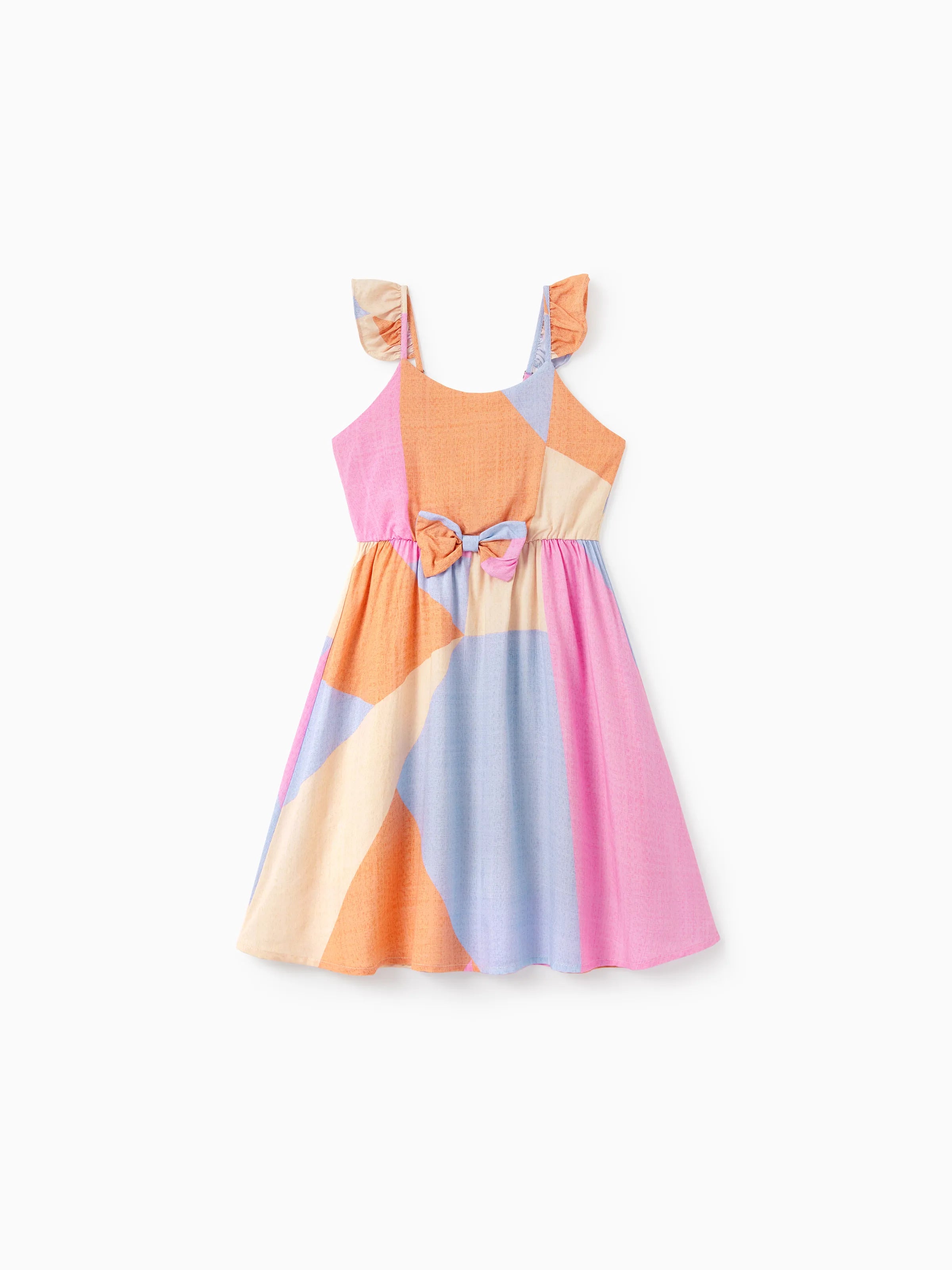 Family Matching Outfits Set Colorblock Sleeveless Strappy Dress or Short-sleeve T-shirt Multi-color