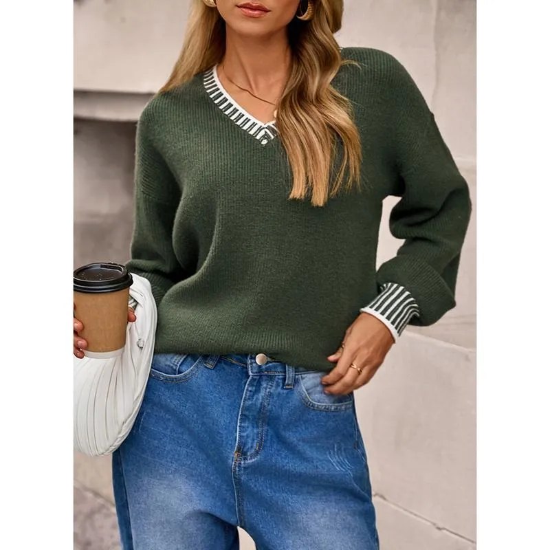 Womens Sweaters Long Sleeve V neck Warm Pullover Knit Tops