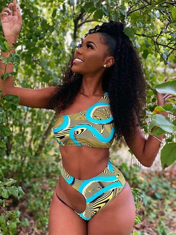 One-Shoulder Padded Bralette High-Waisted Hollow Bikini Swimwear