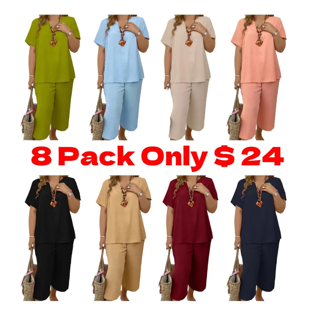 Women's Solid Short Sleeve Top & Loose Wide Leg Pants 2-Piece Set