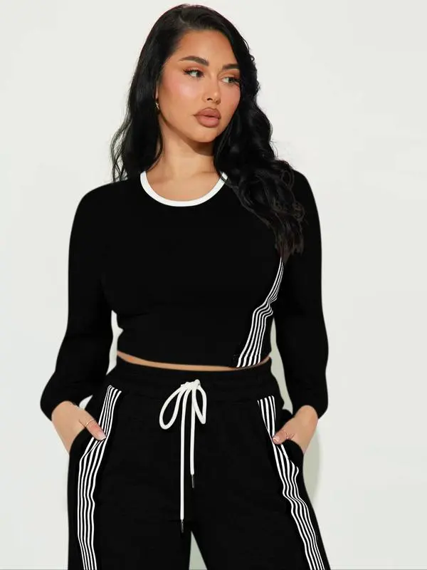 Women Casual Long Sleeve Top and Side Stripe Sports Pants Set