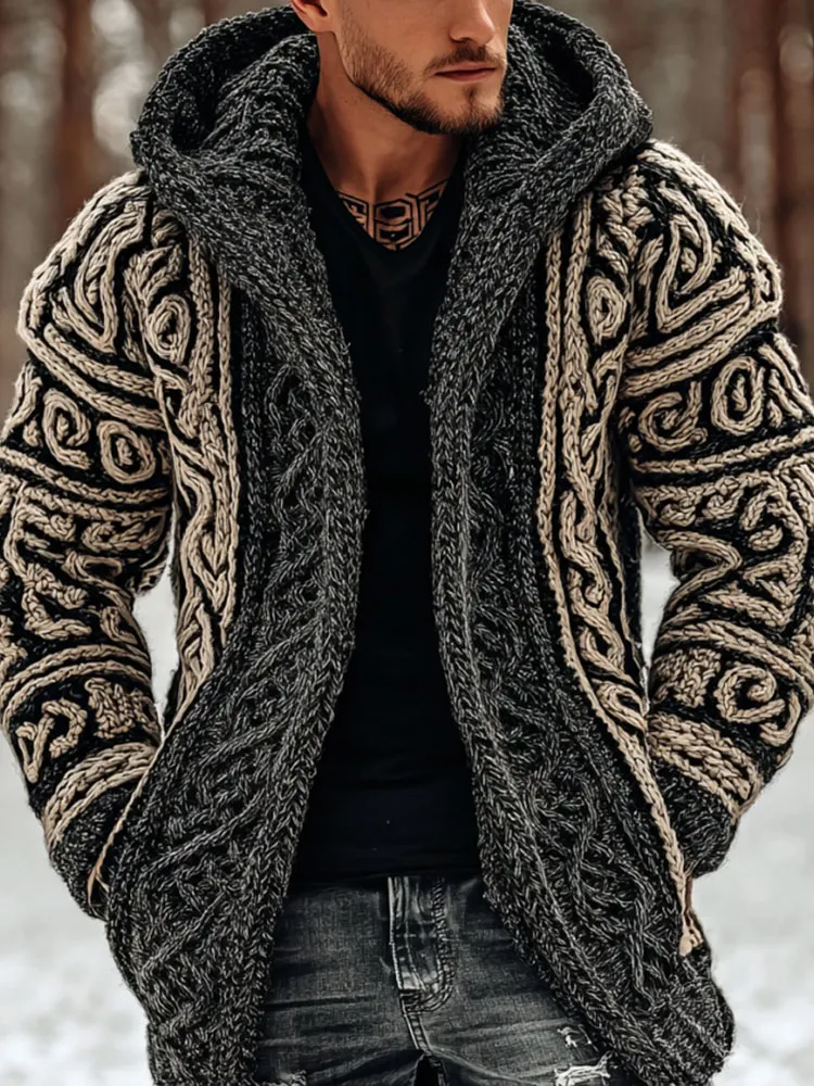 Men's Viking Celtic Pattern Art Cozy Knit Hooded Cardigan
