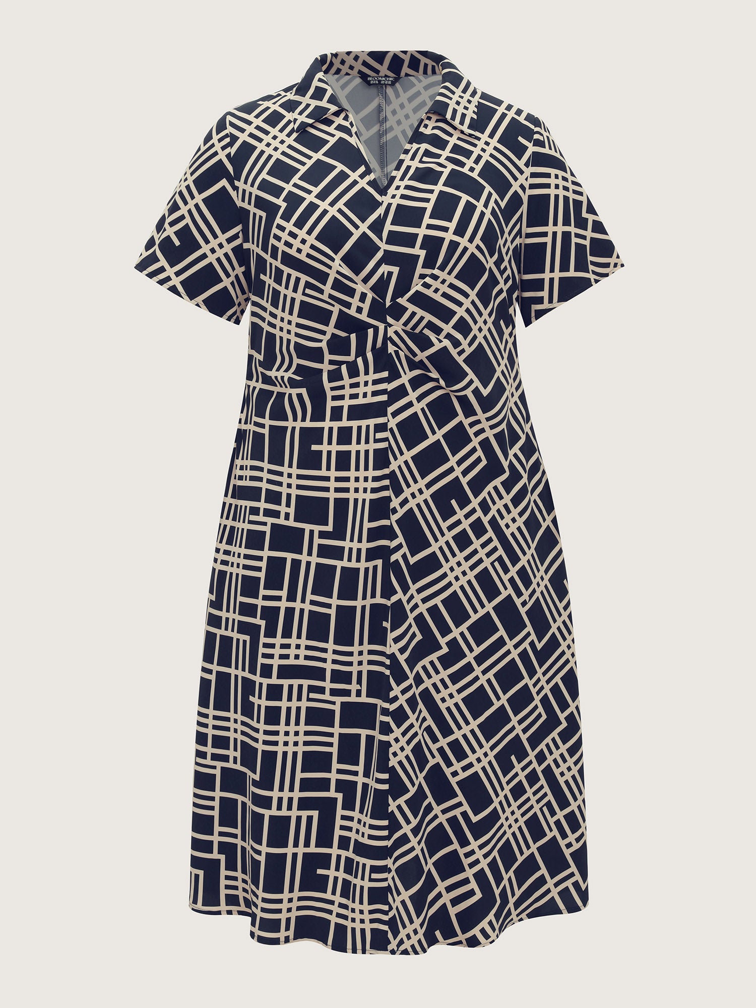 Geometric Print Collar Pleated Midi Dress