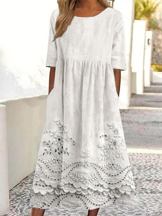 Women's Vintage Lace Floral Print Round Neck Short Sleeve Dress- Fast Shipping