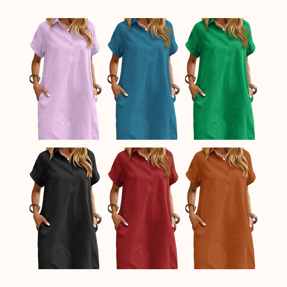Womens Cotton Shirt Dress Summer Casual Short Sleeve Button Down Beach Cover Up Shirts with Pockets