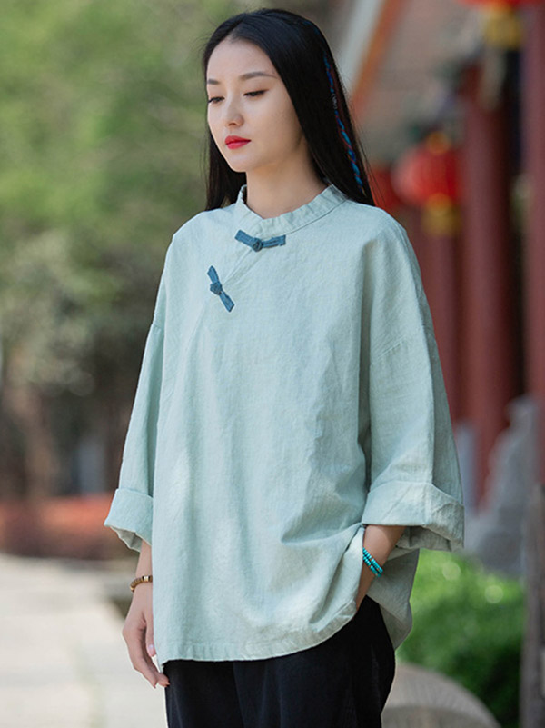 Vintage Linen Frog Loose Long Sleeve Shirt Tops