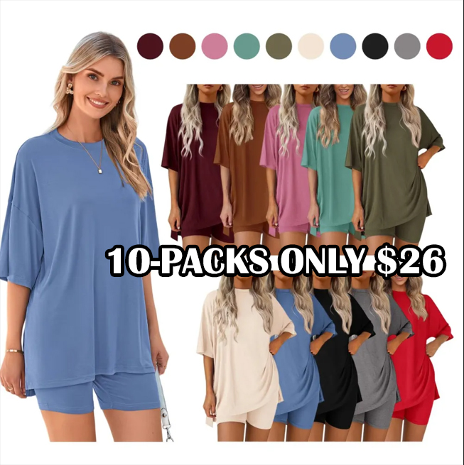 🔥Last Day Promotion ! Women Summer Casual Oversized Split Hem Shirts & Side Pocket Biker Shorts