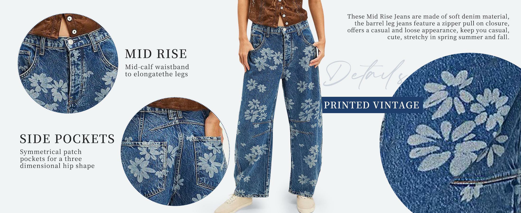 Women's Y2K Floral Printed Wide Leg Jeans – Loose Boyfriend Style Barrel Denim