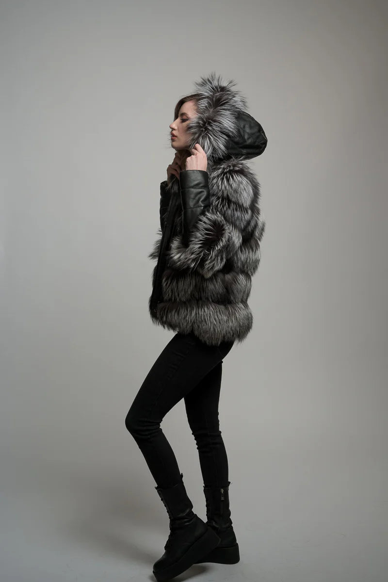 Haină din Blană Naturală de Vulpe, cu Glugă, Femei, Grey Frost 253