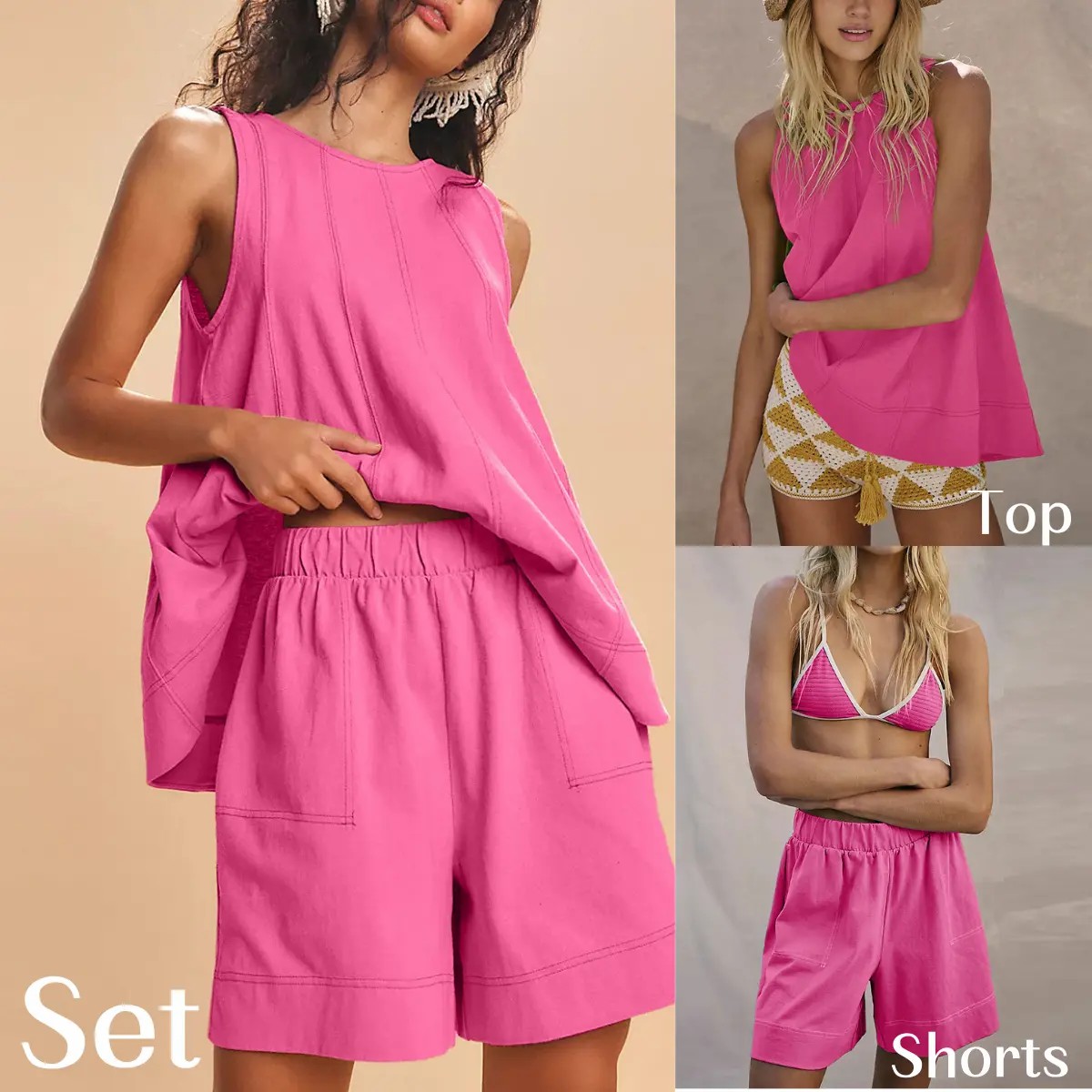 Women's 100% Cotton 2-Piece Set – A-Line Tank Top & High Waist Shorts with Pockets