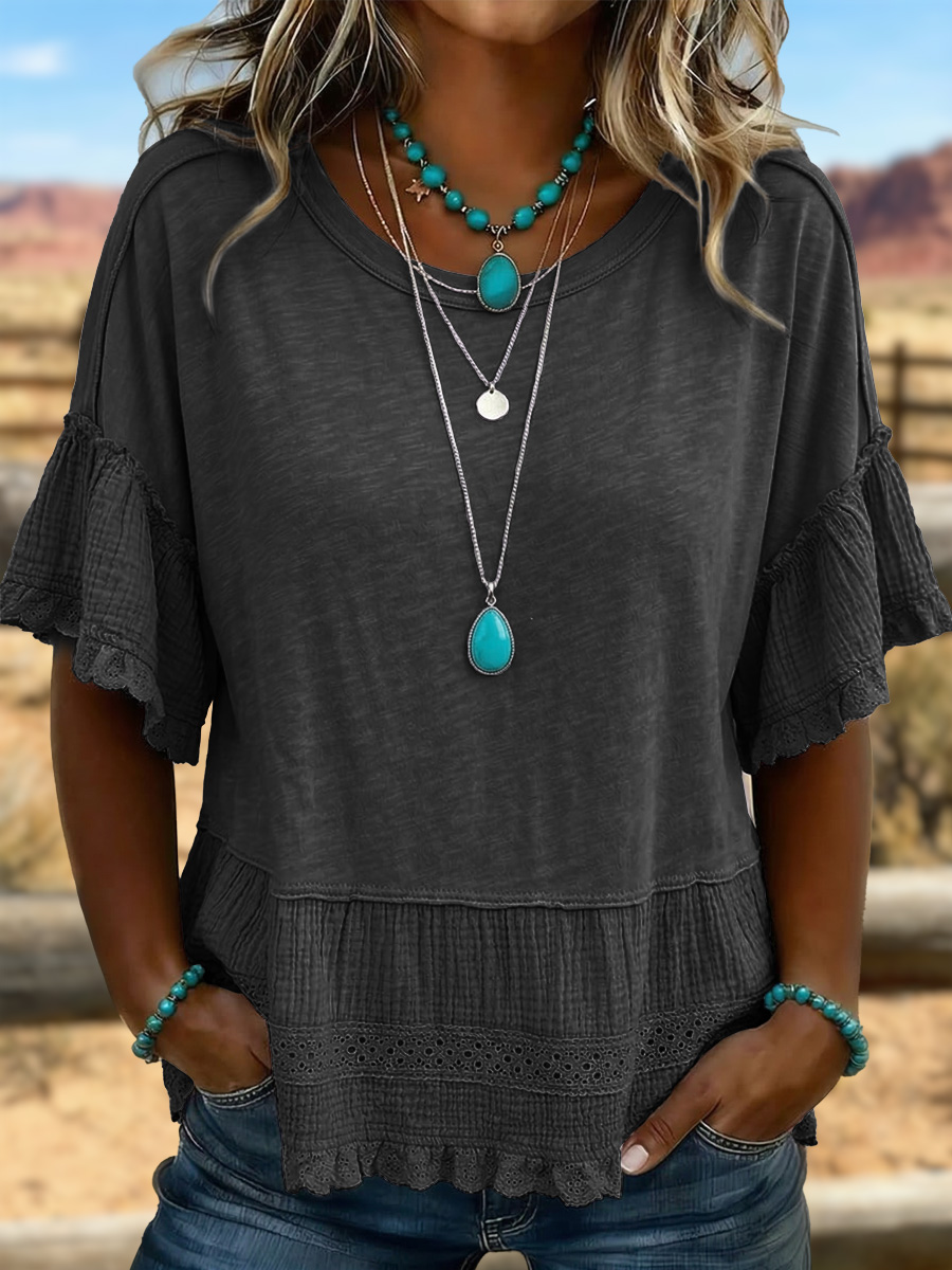 Vintage Art Hollowed Out Lace Patchwork T-Shirt