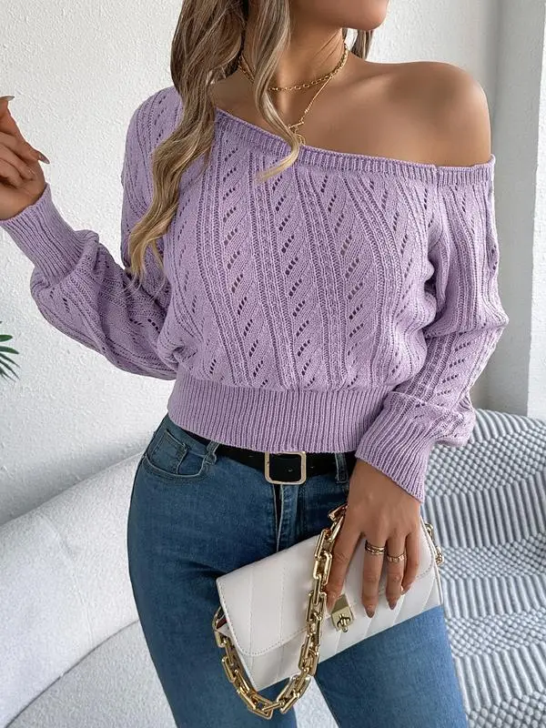 Women's Plain Textured Hollow Out Asymmetrical Neck Sweater