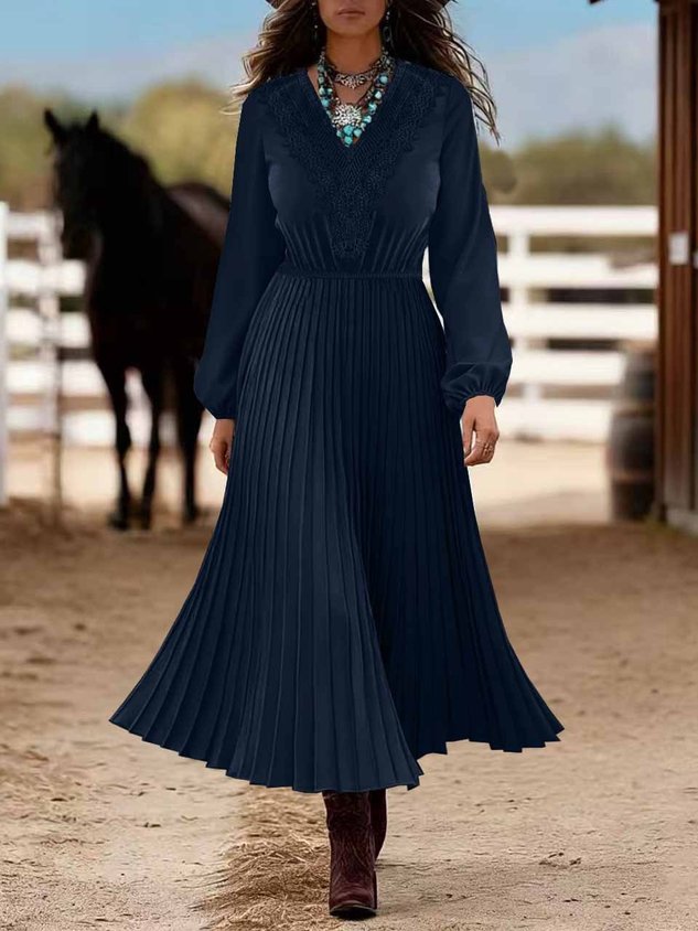 Women's Long Sleeve Spring/Fall Blue Plain Split Joint V Neck Daily Going Out Casual Maxi A-Line Shirt Dress Dress