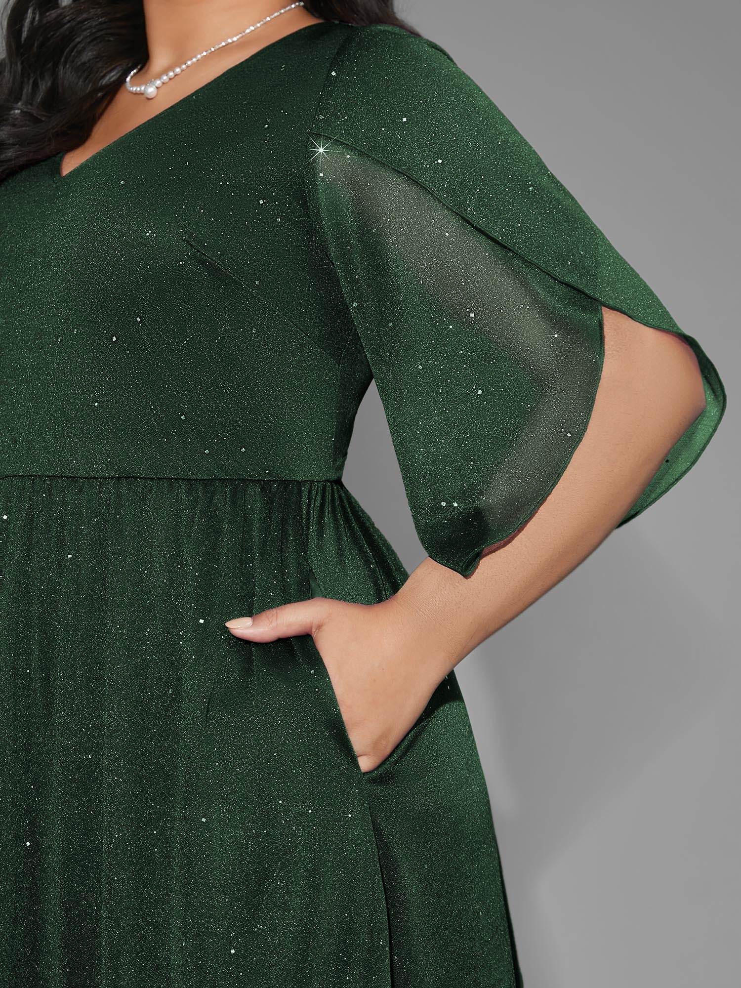 Glitter Mesh Petal Sleeve Midi Dress
