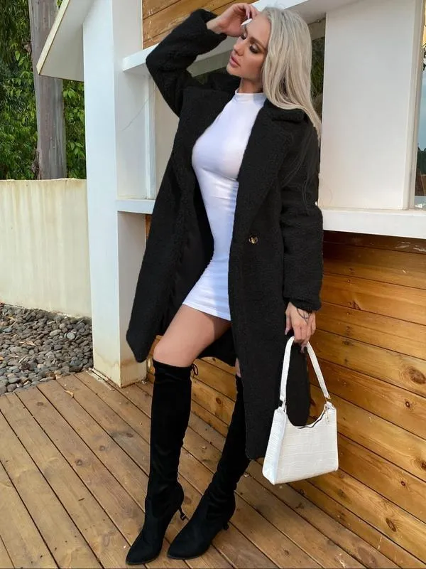 Women's Plain Pocket Button Front Faux Fur Coat