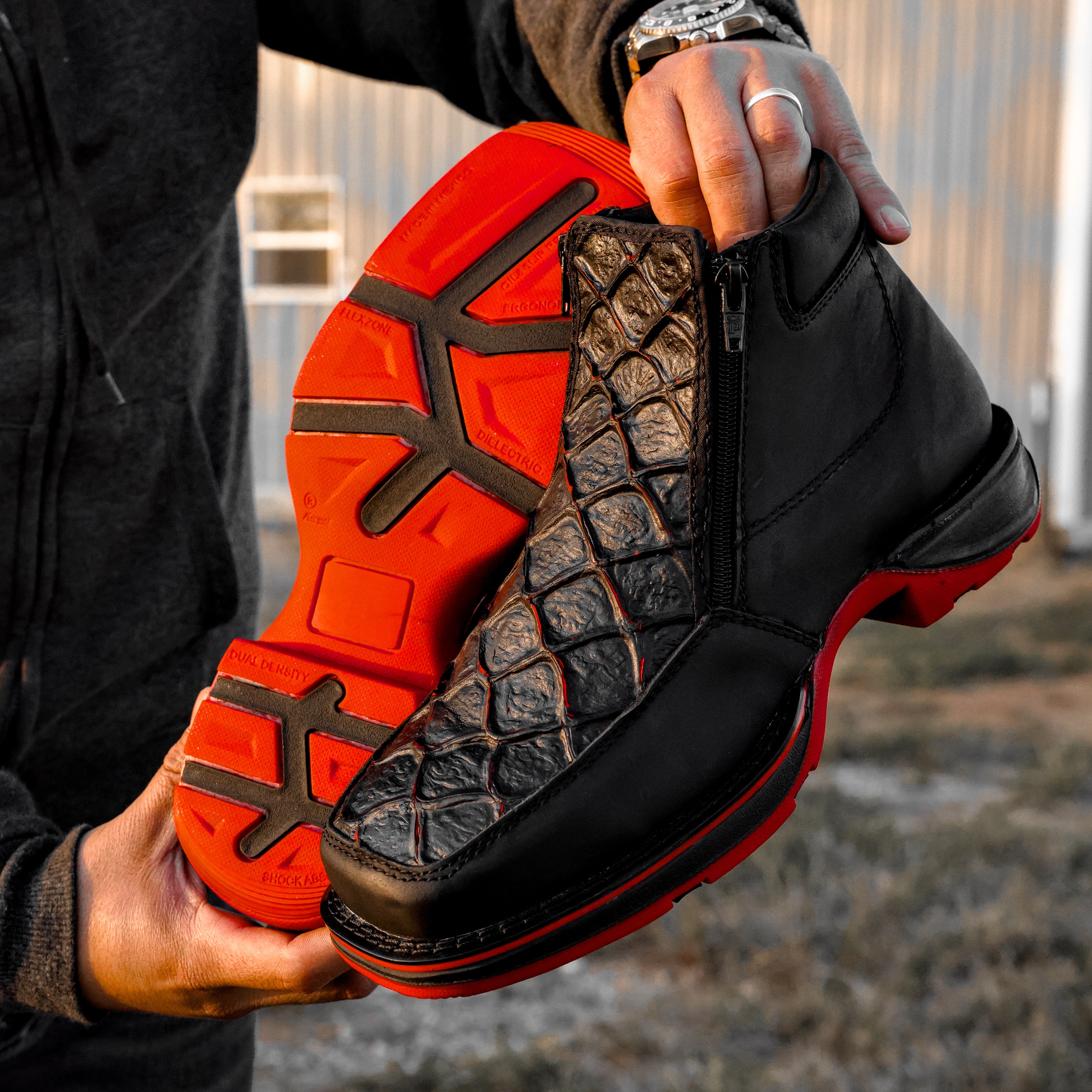 Matte Black Cherry Pirarucu Leather Botin With 3D Lightweight Soles - Square Toe