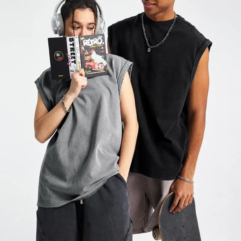 Unisex Acid Wash Cotton Muscle Tank Top – Loose Fit Gym & Streetwear Vest