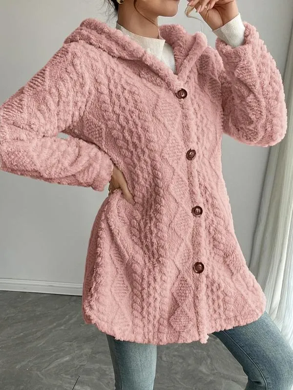 Women's Fall Winter Warm Fashion Jacquard Hooded Cardigan Long Sleeve Coat