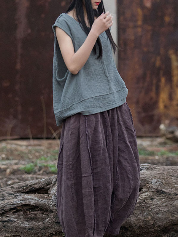 Fringed Pleated Solid Color Split-Joint Loose Sleeveless V-Neck Vest Top