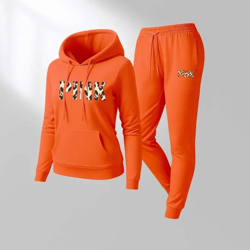 Women's Leopard Pink Print Hoodie & Drawstring Sweatpants Set