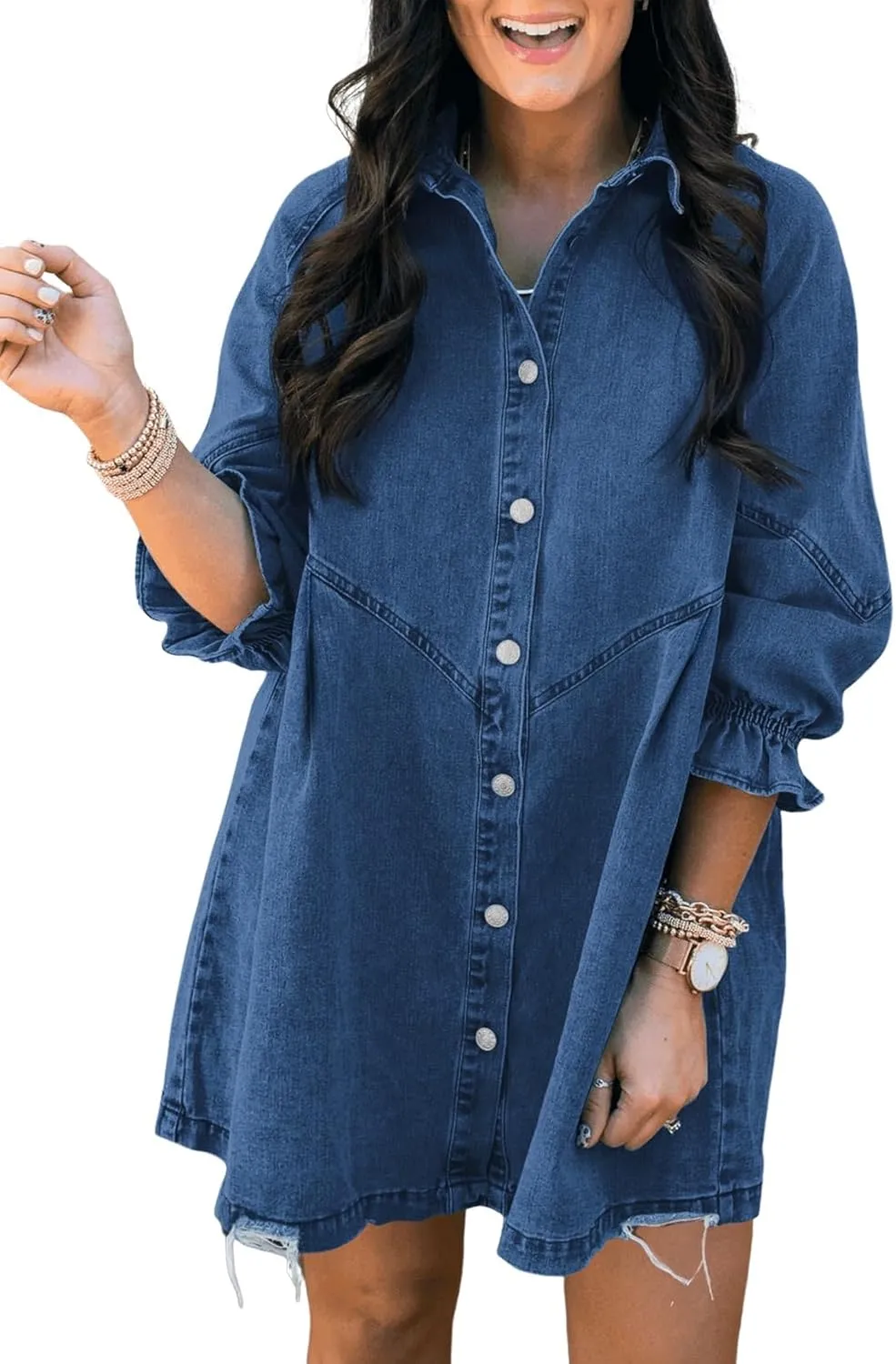 Washed Denim Puff Sleeve Mini Dress – Short-Length Collared Button Down with Ruffle Hem & Matte Silver Buttons
