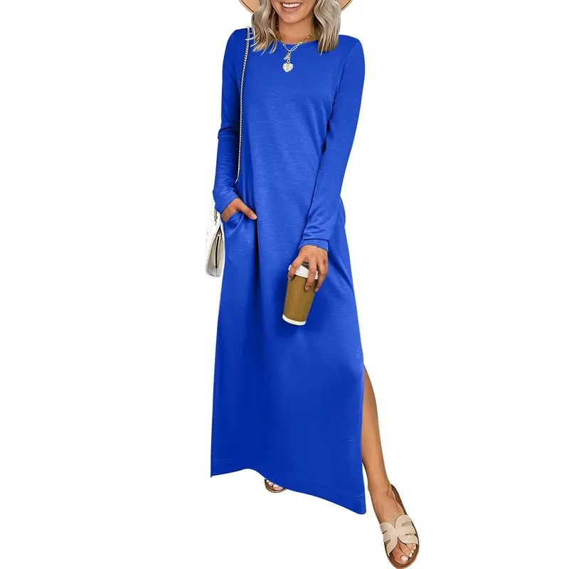 Women Long Sleeve Dresses 2026 Fall Casual Crewneck Loose Fit Split Flowy Wrinkle-Free Travel Vacation Maxi Dress