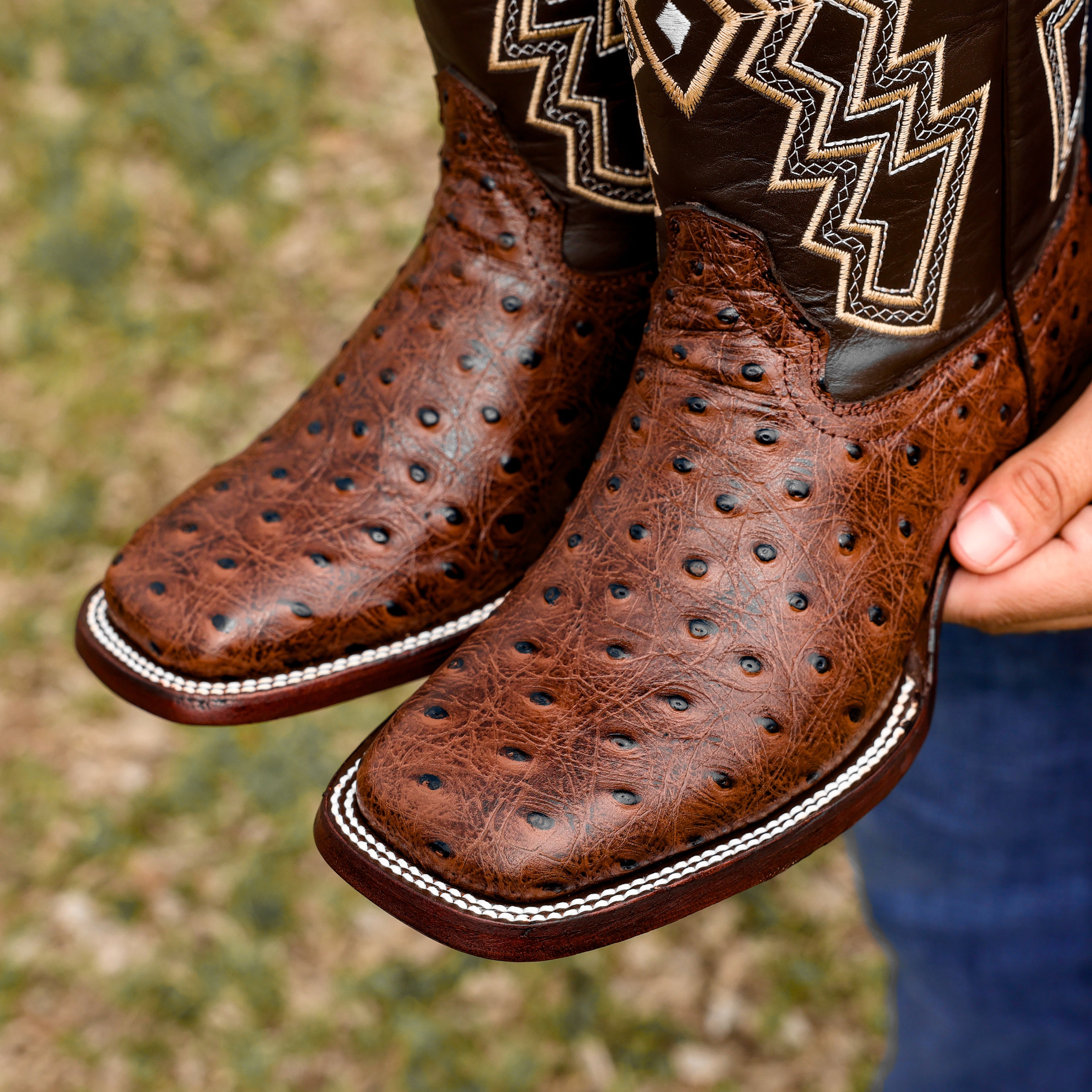 Chocolate Brown Ostrich Leather Boots - Square Toe