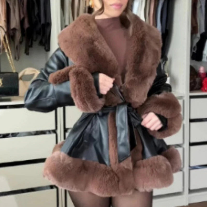 Women's coat made of faux leather with faux fur collar