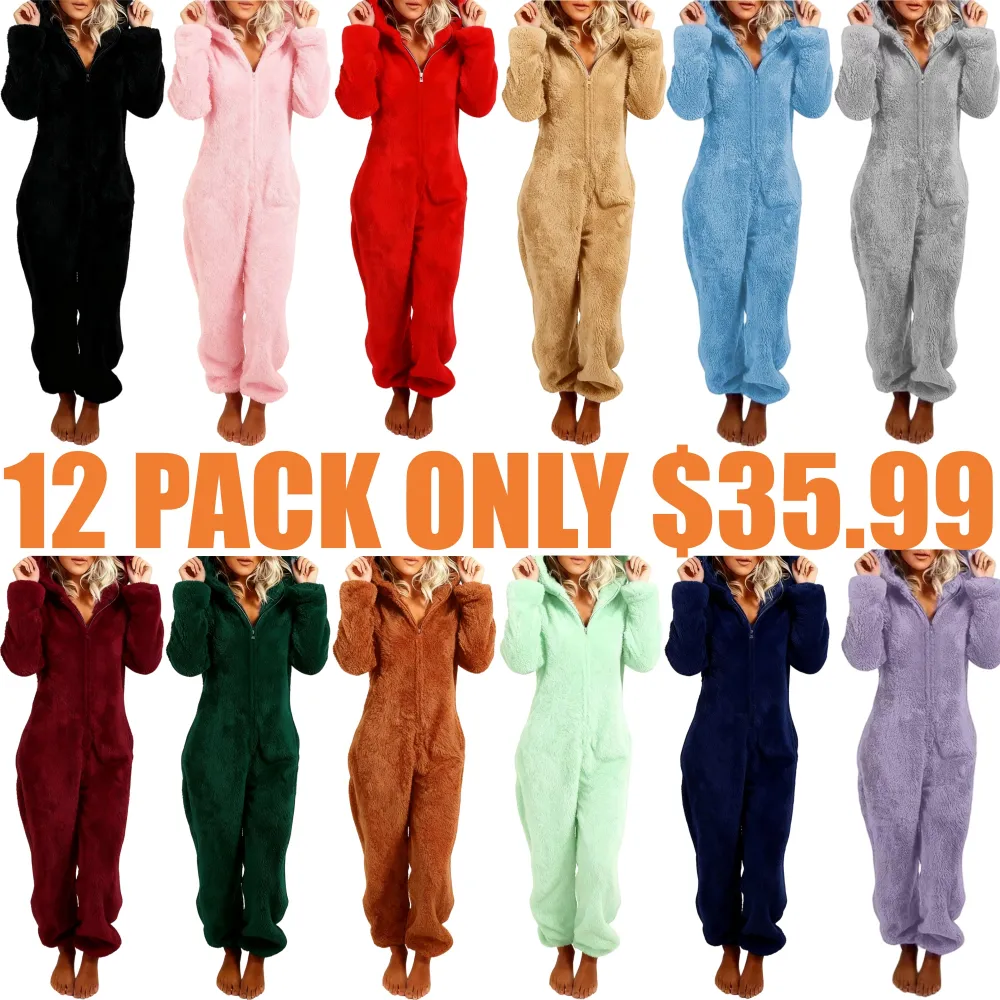 Women's Solid Zipper Hooded Plush Pajama Jumpsuit