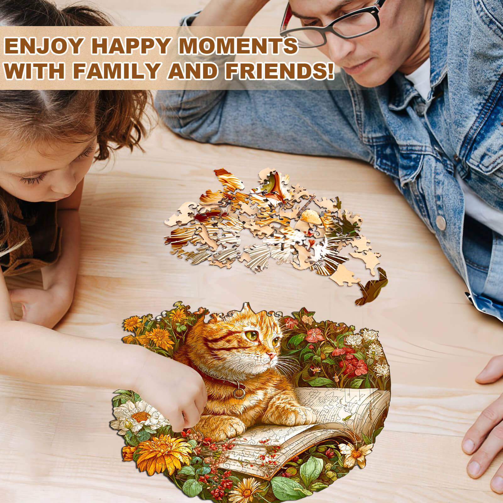 Flower Kitten Reading Wooden Jigsaw Puzzle