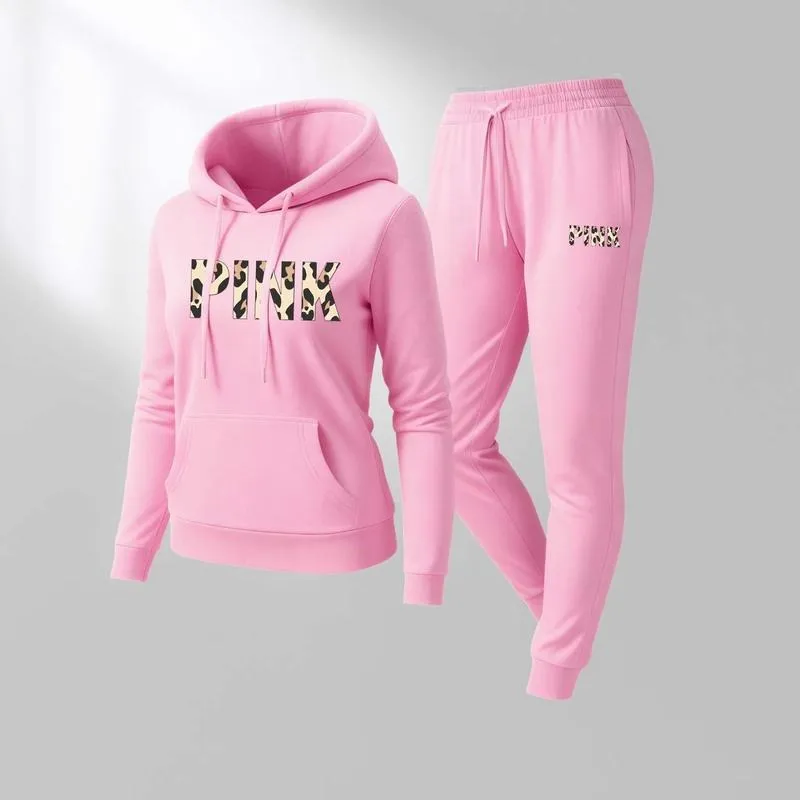 Women's Leopard Pink Print Hoodie & Drawstring Sweatpants Set