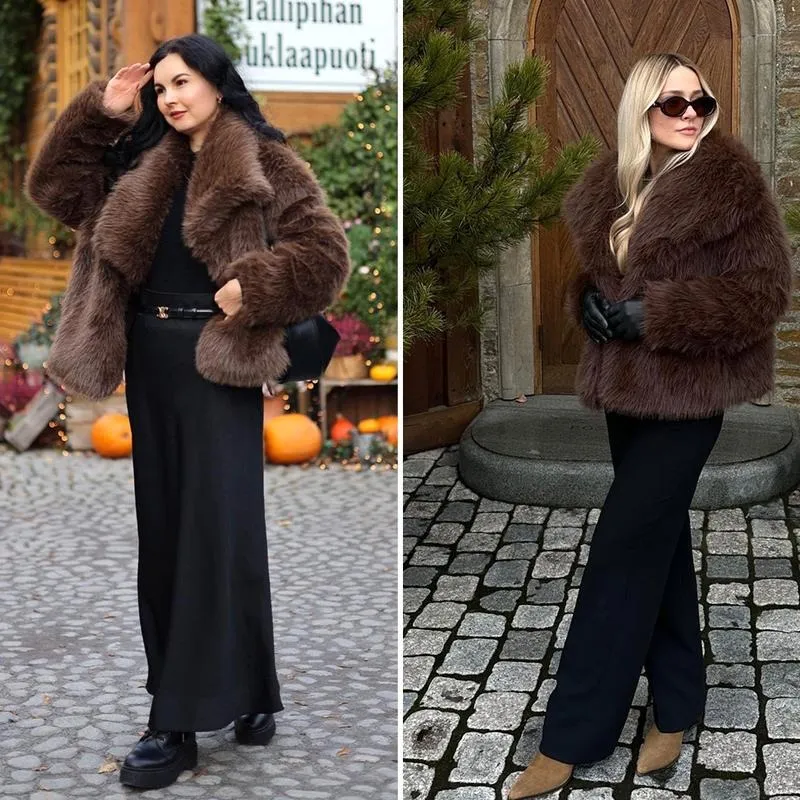 Women's Brown Faux Fur Coat Winter Fluffy Short Jacket