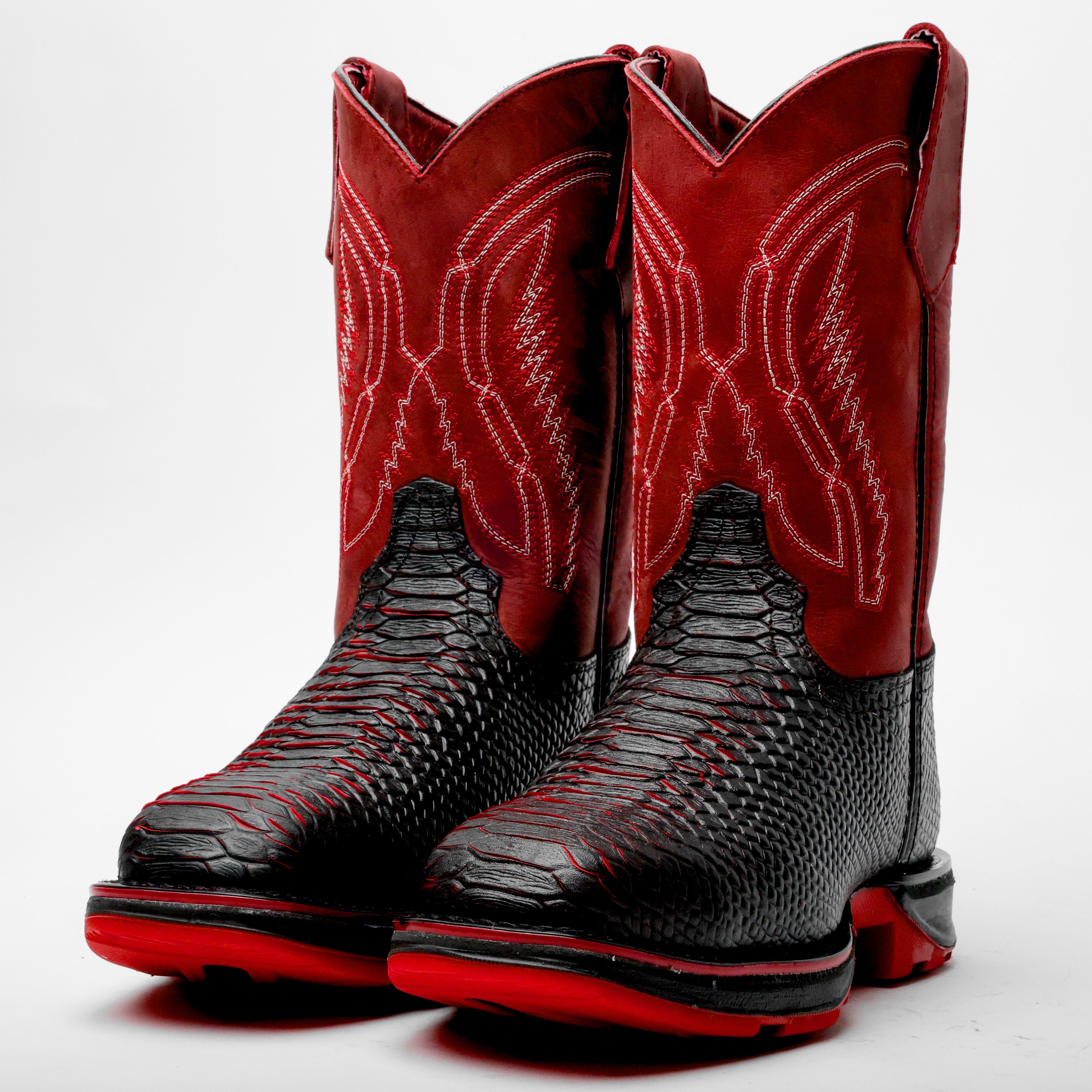 Black/Red Python Leather Boots With 3D Lightweight Sole - Composite Toe