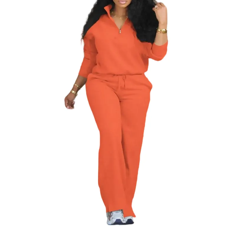Women's Solid Half Placket Split Hem Pants Set