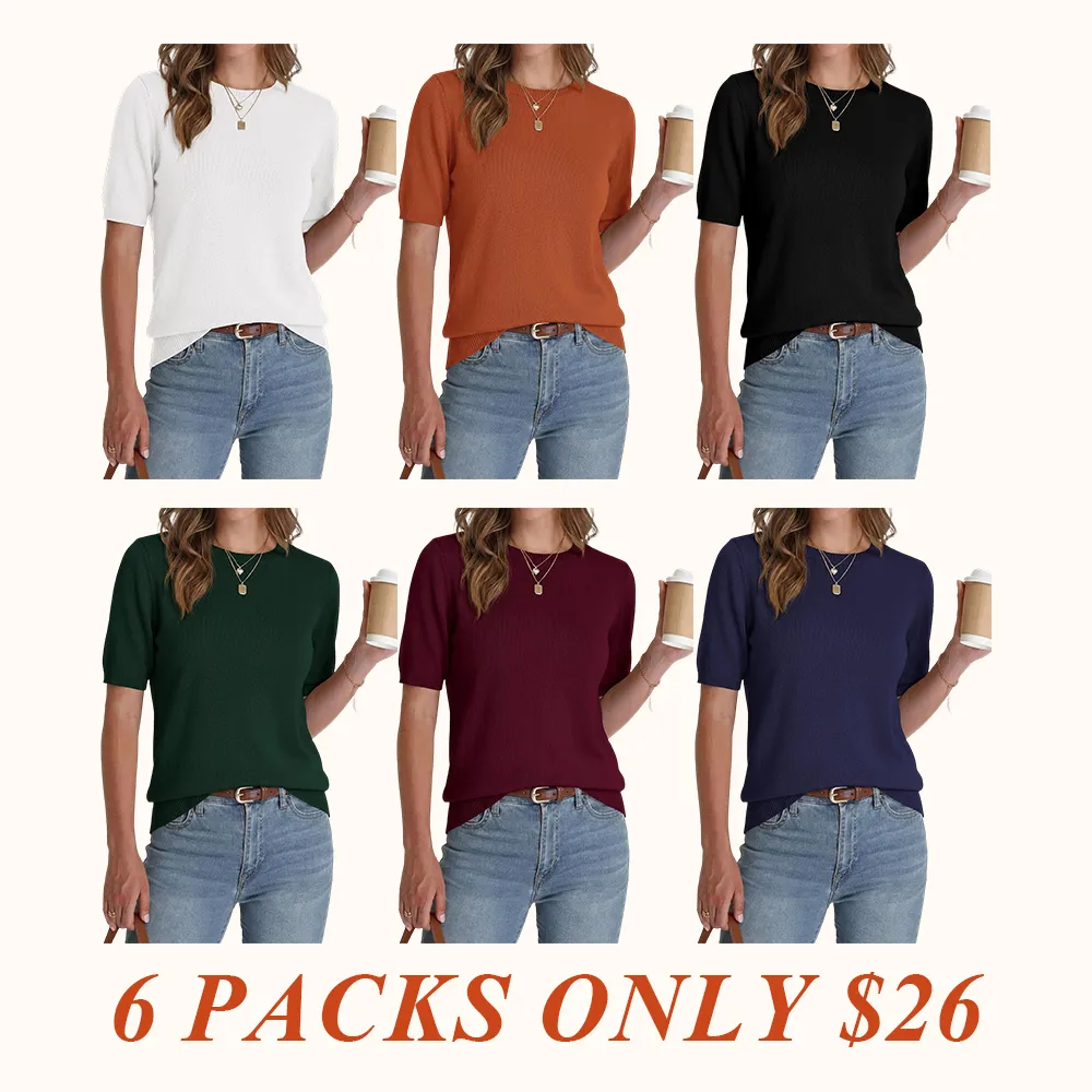 Women's Short Sleeve Sweater Spring Tops Crew Neck Lightweight Pullover Loose Dressy Casual Blouse 100% Viscose Basic Clothes