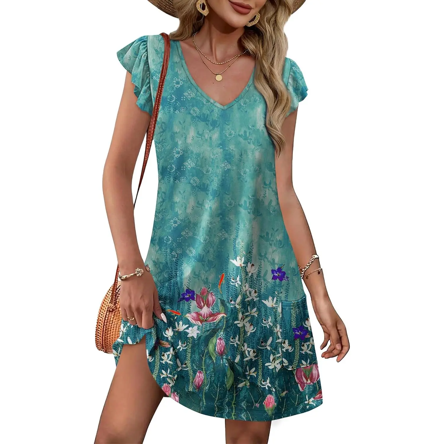 Womens Summer Dresses Ruffle Sleeve V Neck Loose Swing Sundresses with Pockets Plain/Print