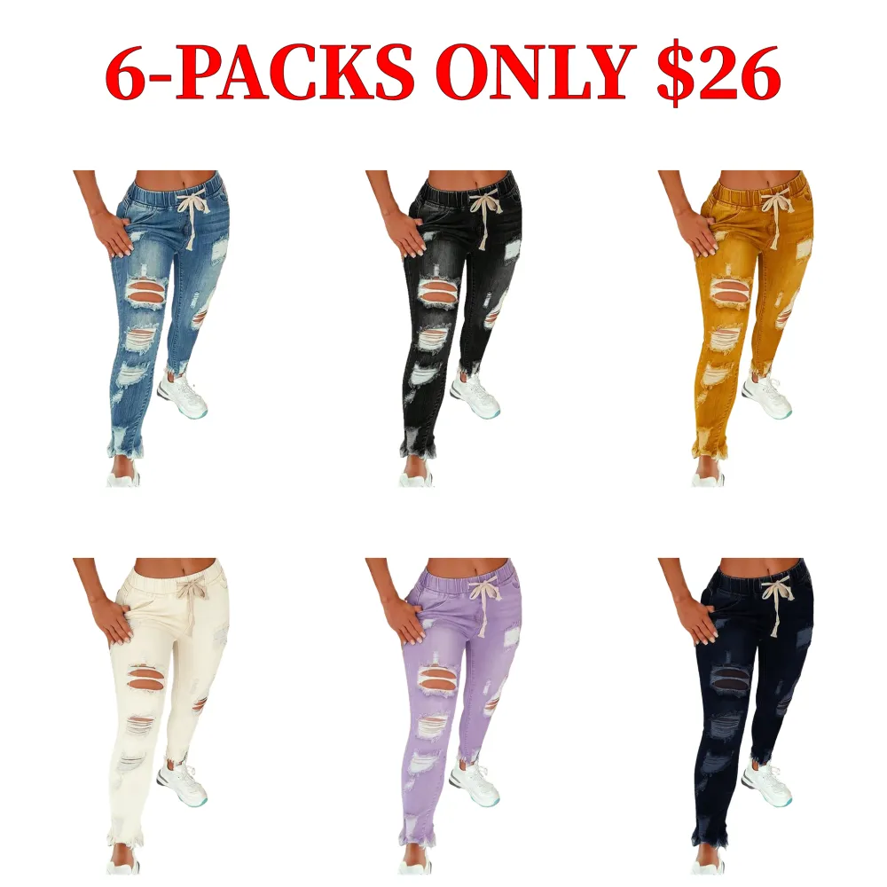 [Plus Size Women's Clothing] Solid Color Distressed Jeans