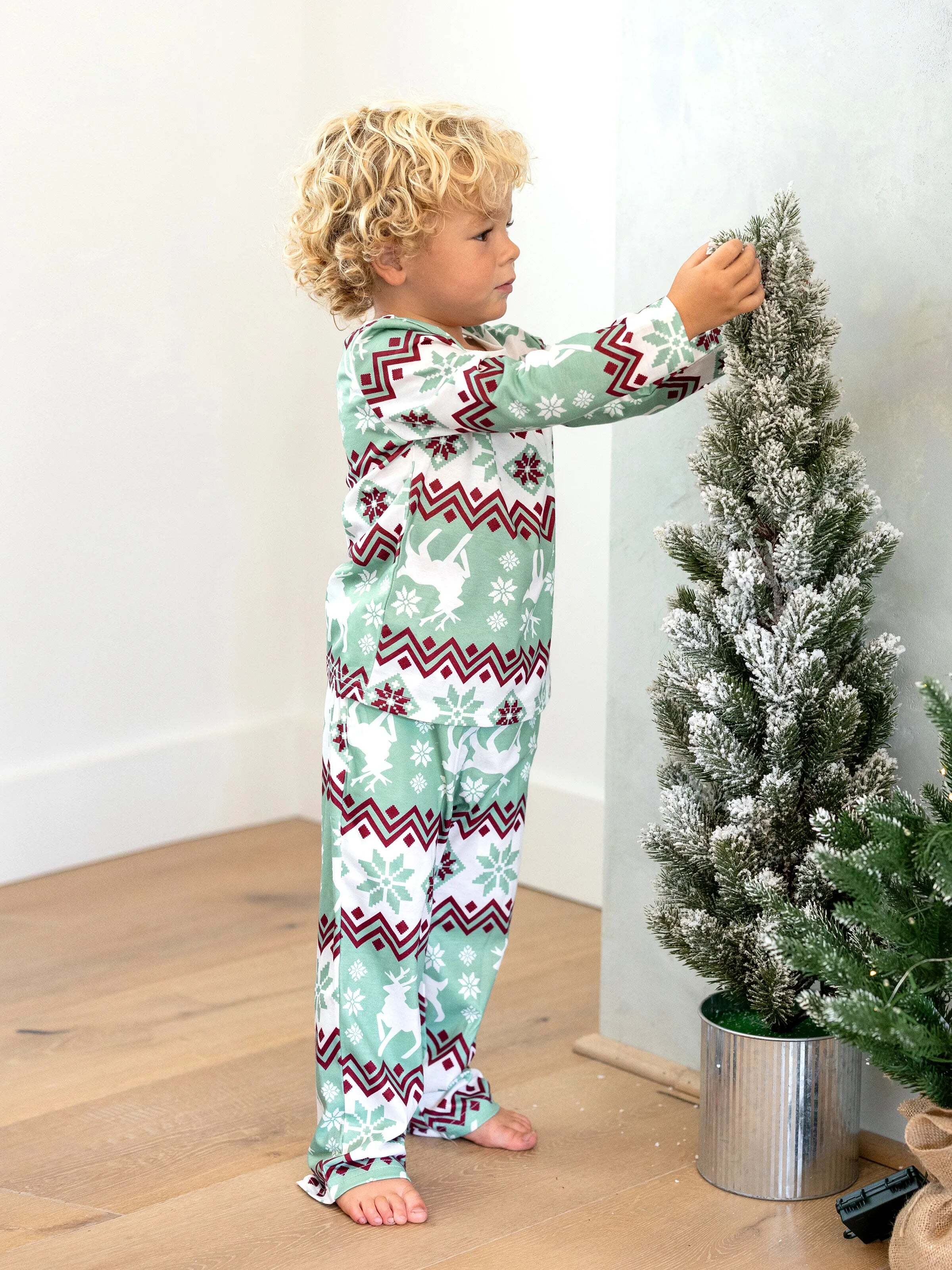 Christmas Matching Family Pajamas Set Christmas Spirit and Snowflake Print PJS with Christmas Socks Pale Green