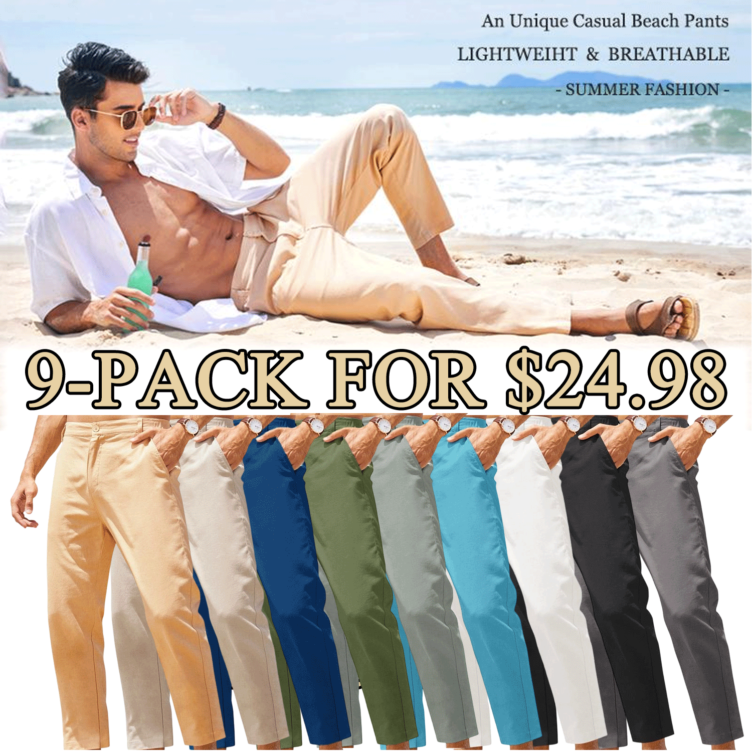 Men’s Lightweight Cotton Linen Elastic Waist Pants (Slim Fit with Pockets)