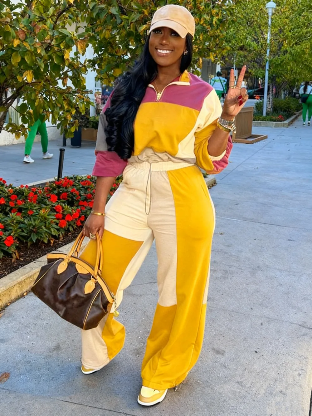 2-piece Set Women's Colorblock Zip Up Jacket & Wide Leg Pants