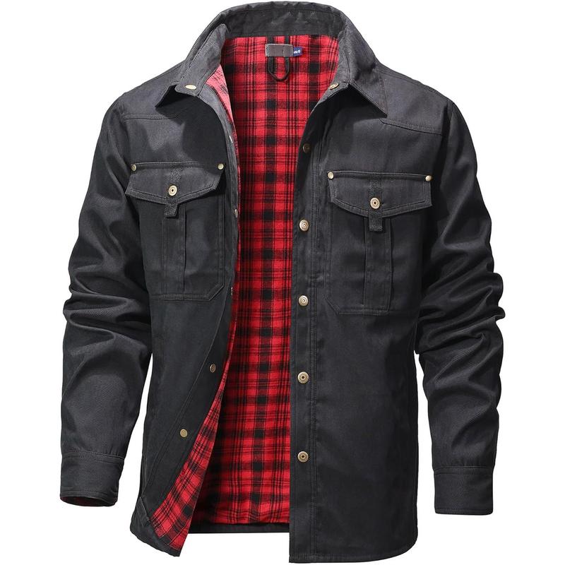 Men's Flannel Lined Shacket Jacket Plaid Brushed Lining Cowboy Western Twill Outdoor Shirt Jacket
