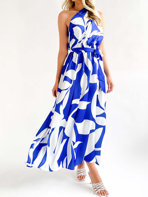 Bandage Contrast Color Hollow Printed Loose Sleeveless One-Shoulder Midi Dresses