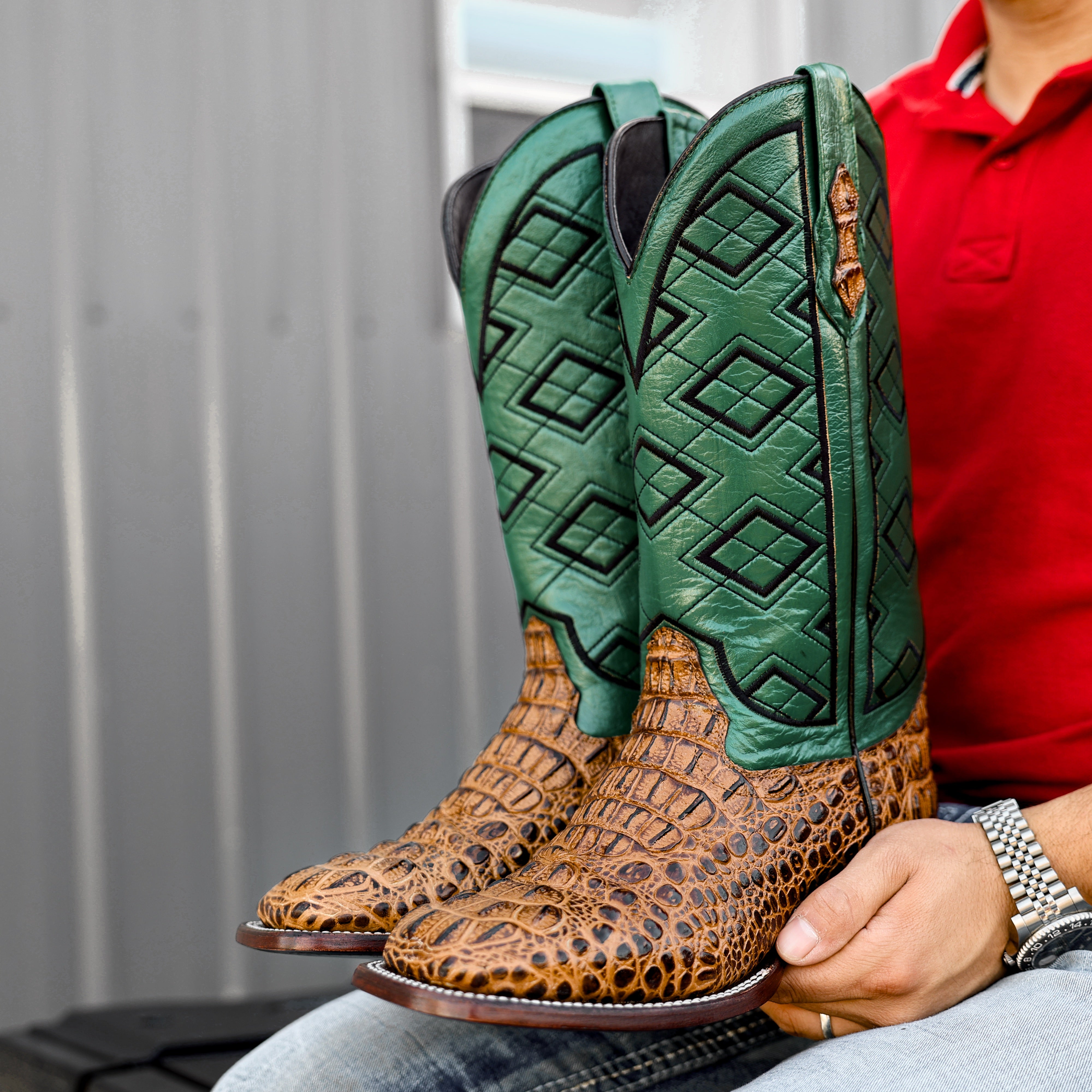 Honey Caiman Neck Leather Boots - Square Toe