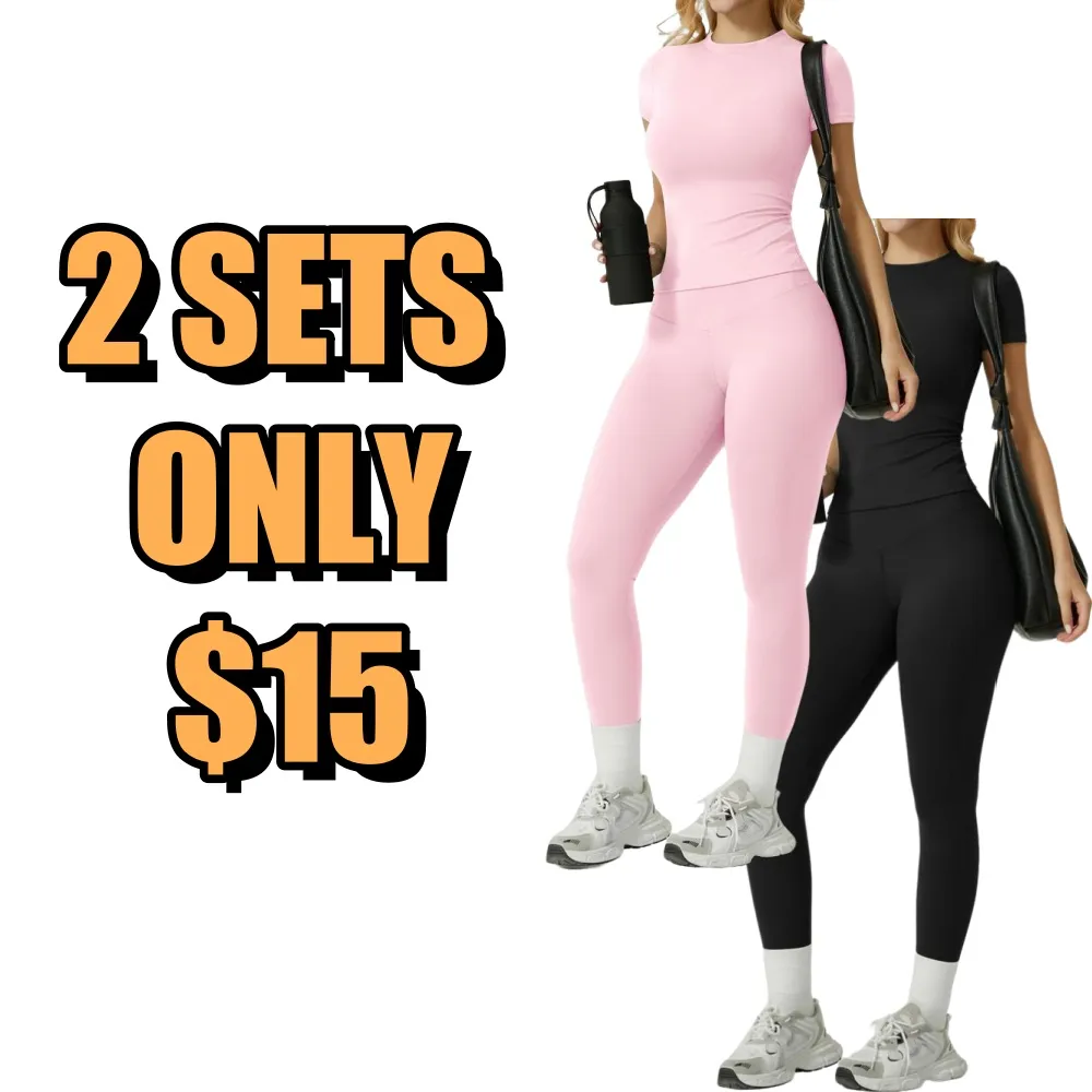 Women's Solid Ribbed Long Sleeve Tee & Leggings Sport Set
